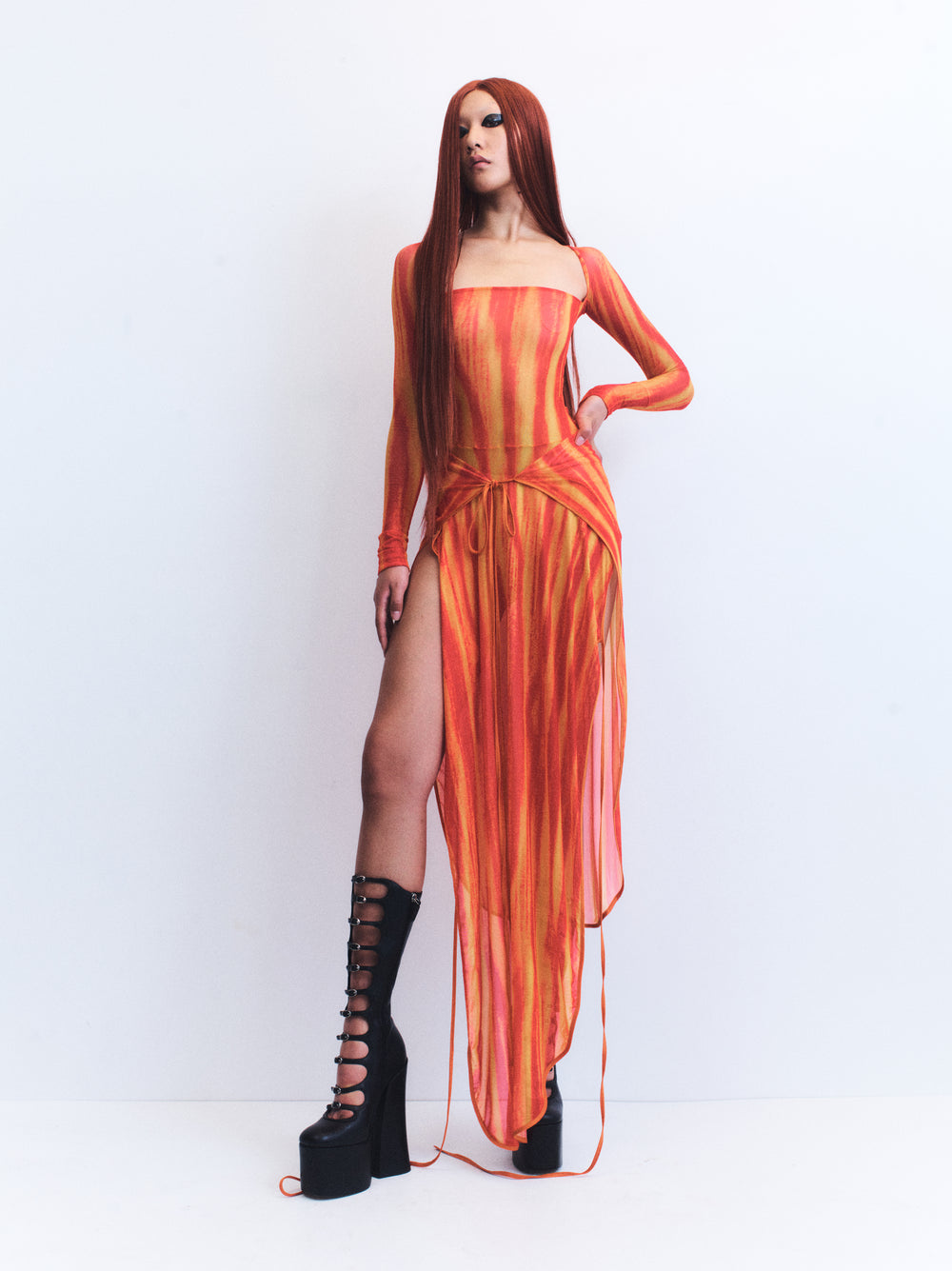 J . TRIPOLI ORANGE PRINT MESH DRESS